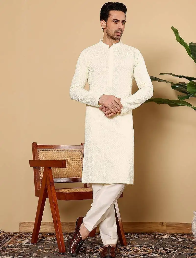 White silk embroidered kurta pajama for mens
