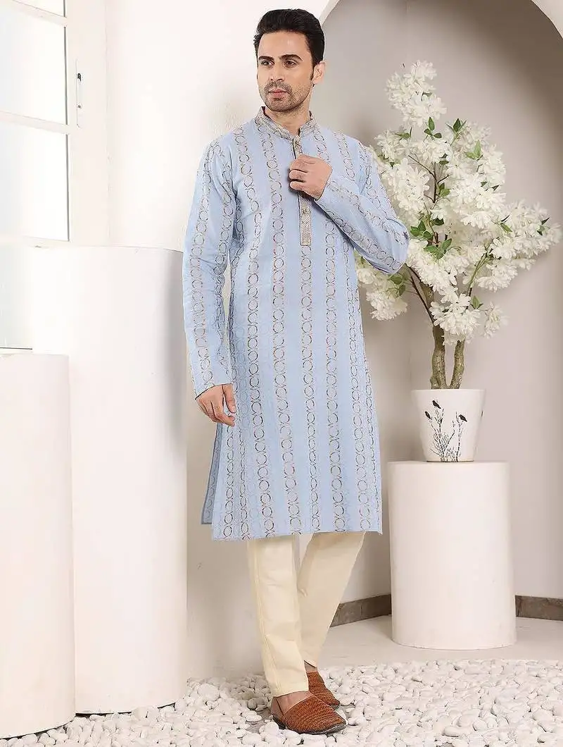 Blue cotton embroidered kurta pajama for mens