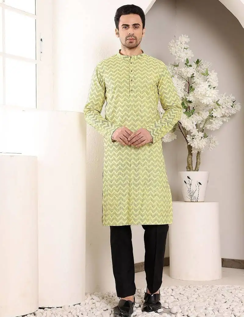 Yellow cotton embroidered kurta pajama for mens