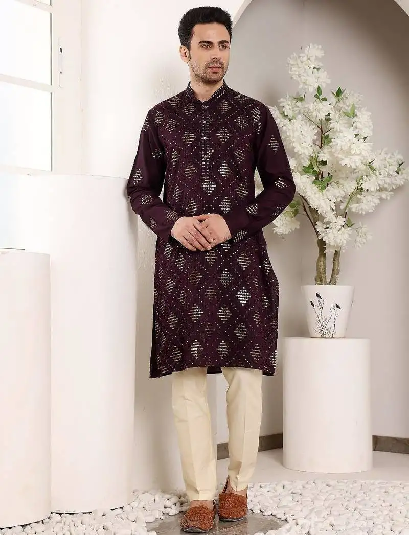 Purple viscose embroidered kurta pajama for mens