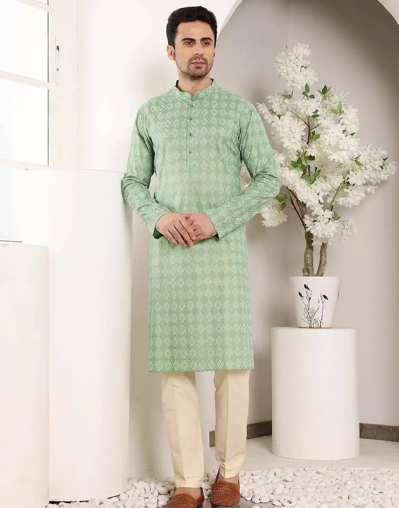 Green cotton embroidered kurta pajama for mens
