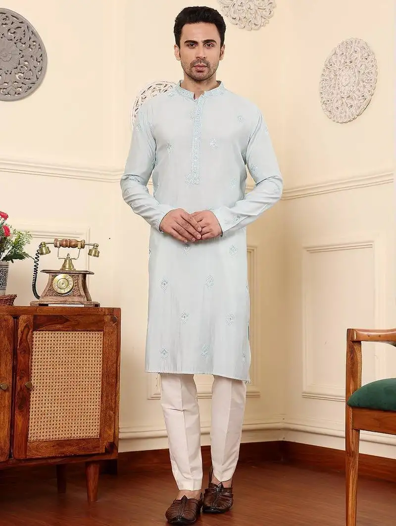 Blue viscose embroidered kurta pajama for mens