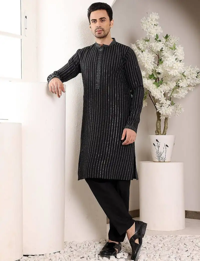 Black viscose embroidered kurta pajama for mens