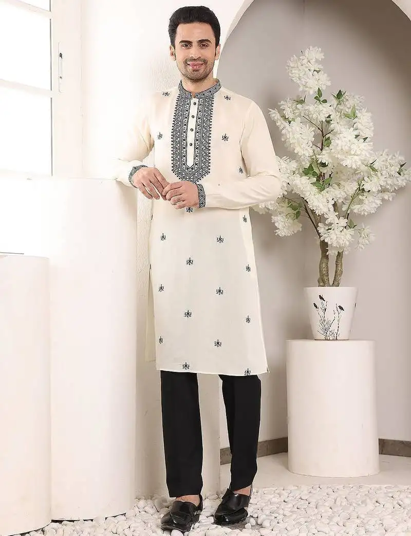 White viscose embroidered kurta pajama for mens