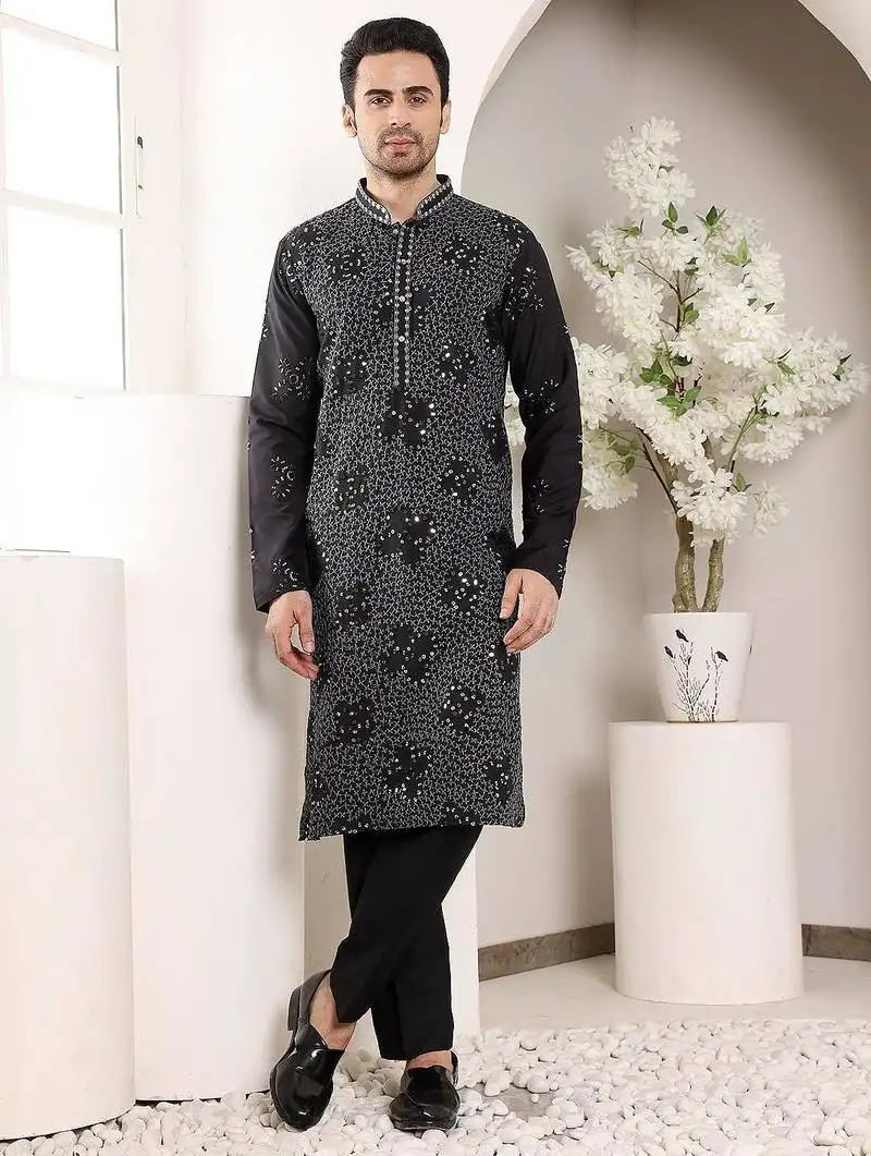 Black silk embroidered kurta pajama for mens