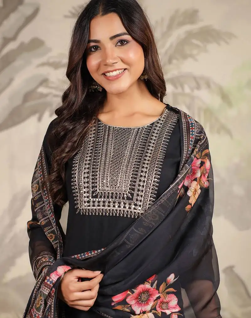 Black chanderi silk yoke embroidery straight kurta with pant & dupatta set
