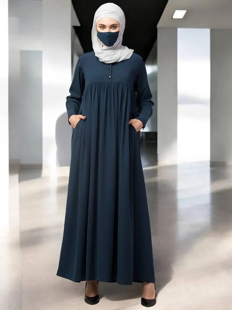 Teal abaya with gather and buttons on yoke