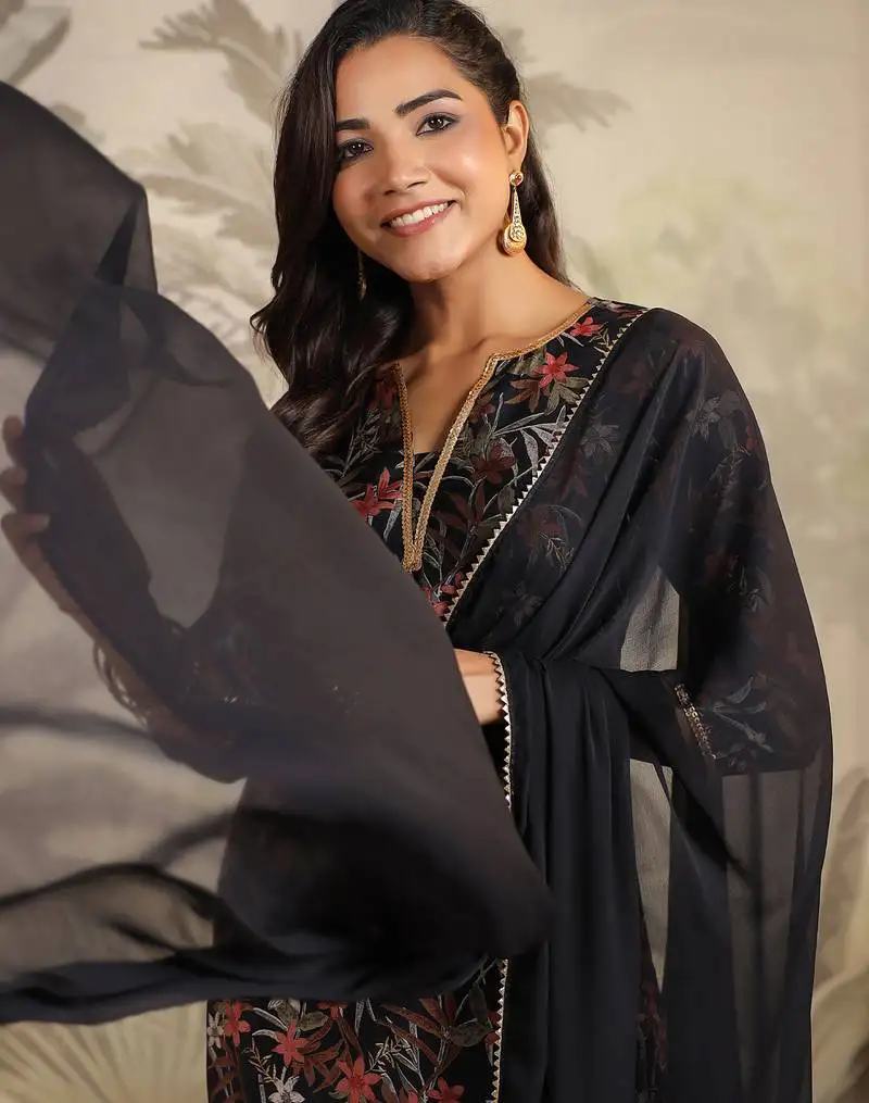 Black chanderi floral printed straight kurta set
