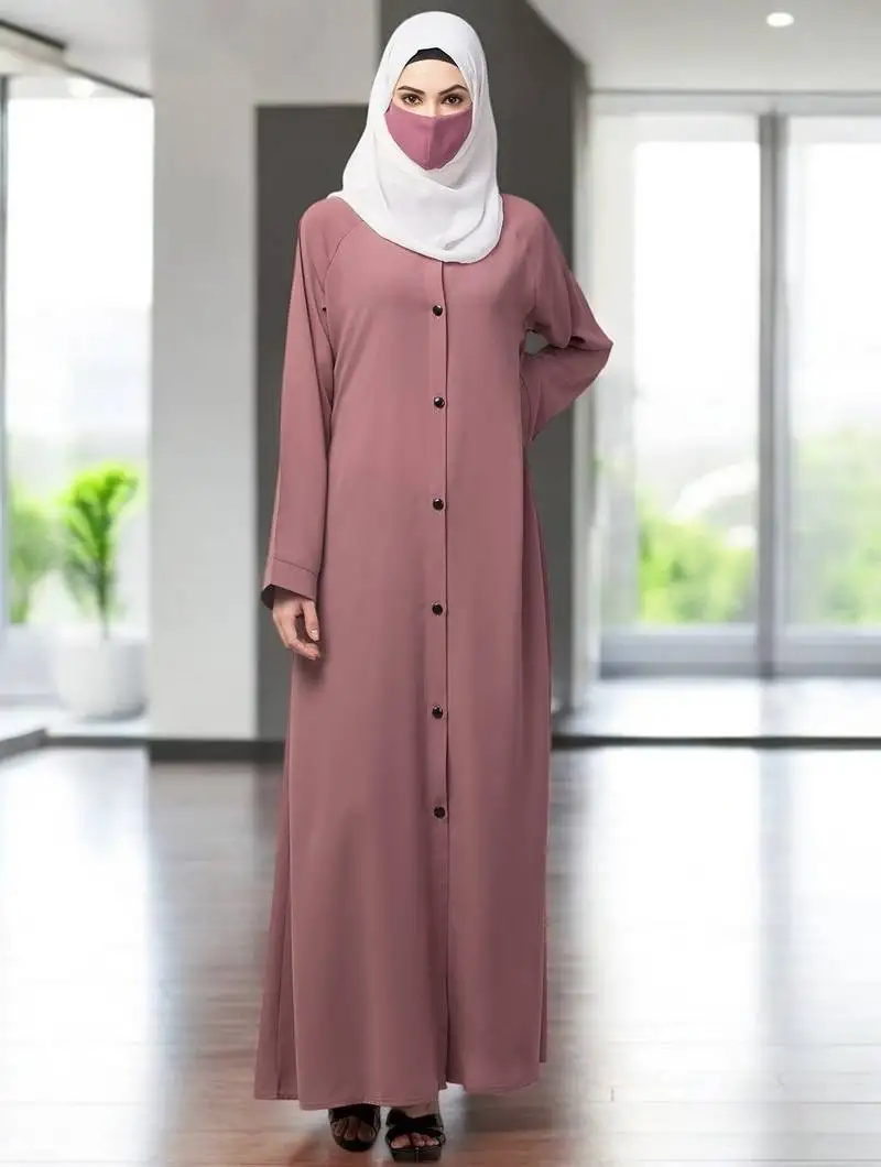 Pink front open abaya with contrast buttons