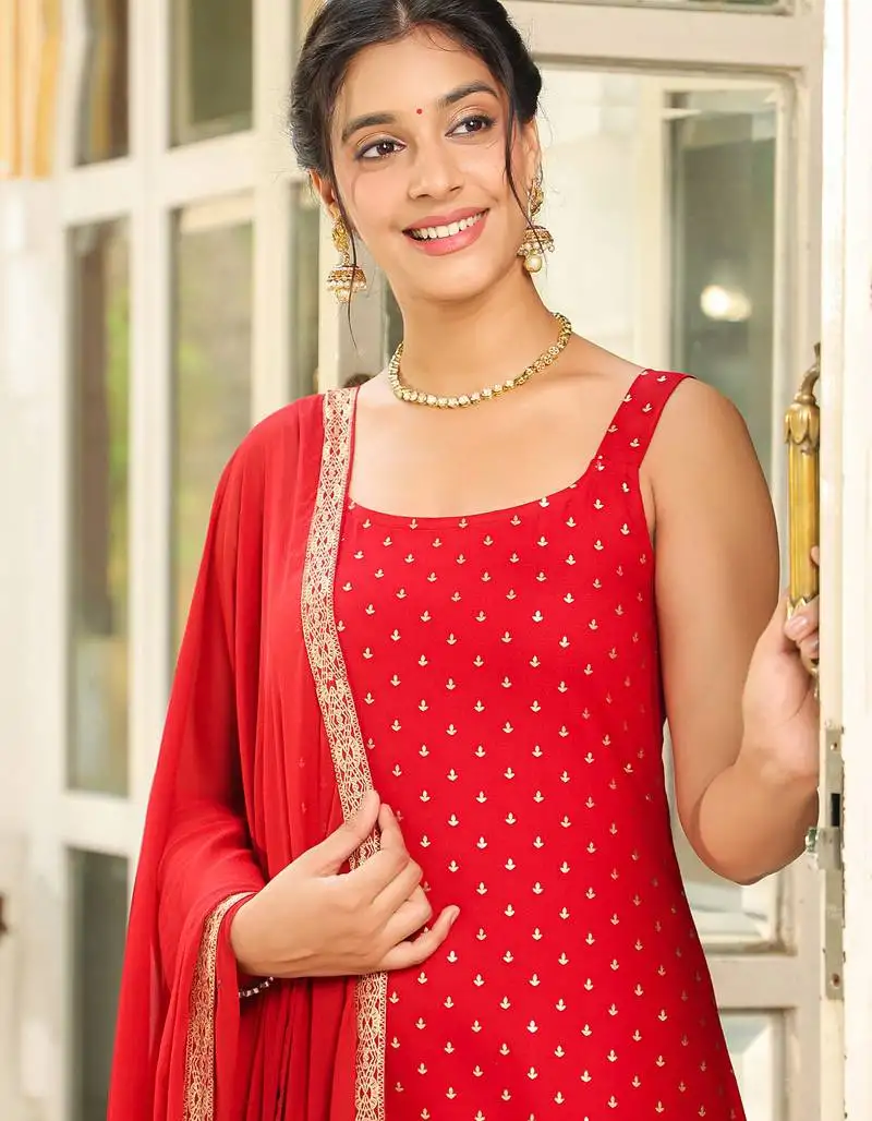 Maroon rayon foil printed straight kurta set