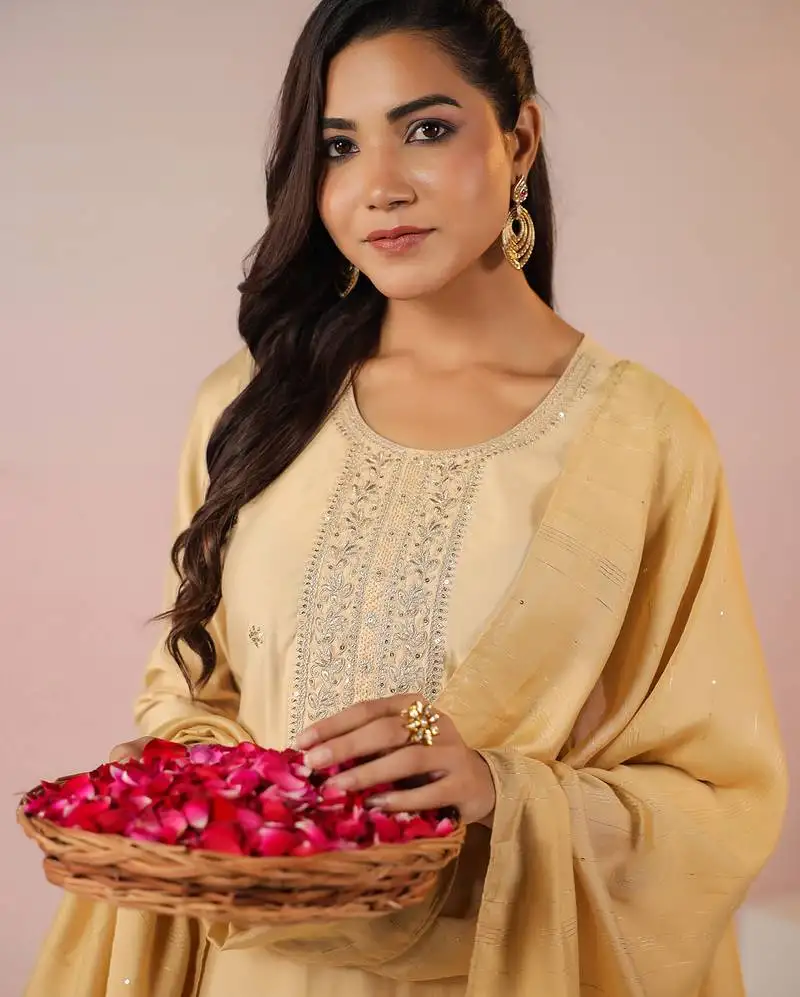 Beige chanderi silk embroidered straight kurta set