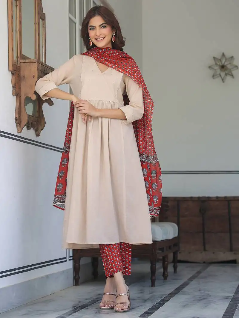 Beige pure cotton floral printed a-line kurta set