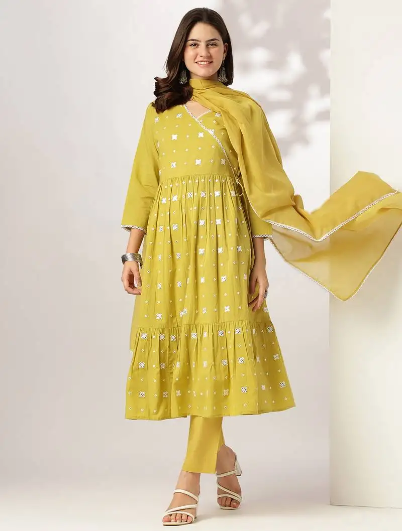 Yellow pure cotton embroidered angrakha kurta set