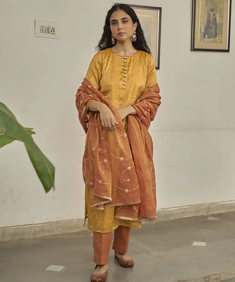 Yellow tissue plain kurta sets