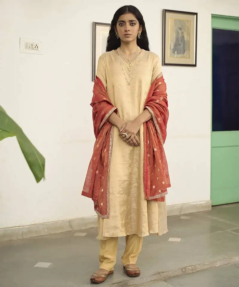Beige tissue plain kurta sets