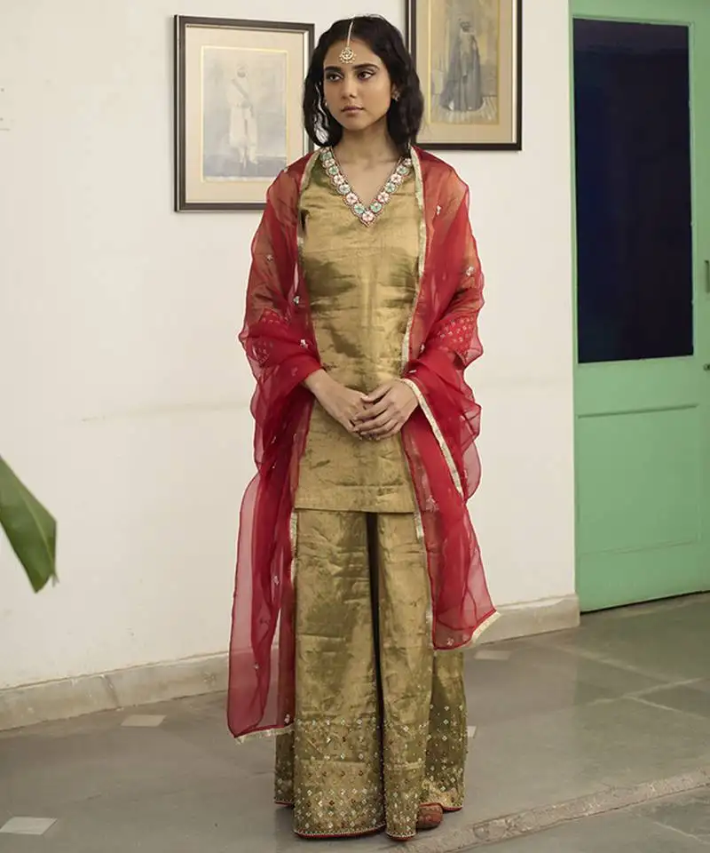 Green tissue plain kurta sets