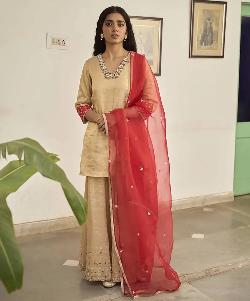 Gold tissue plain kurta sets