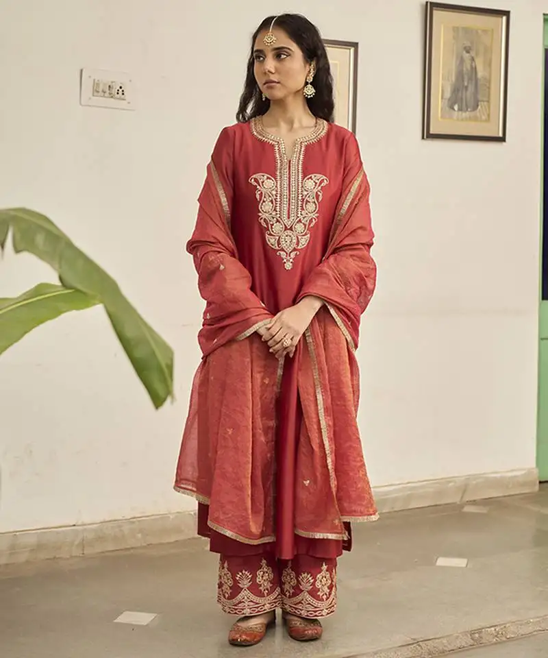 Red chanderi embroidered kurta sets