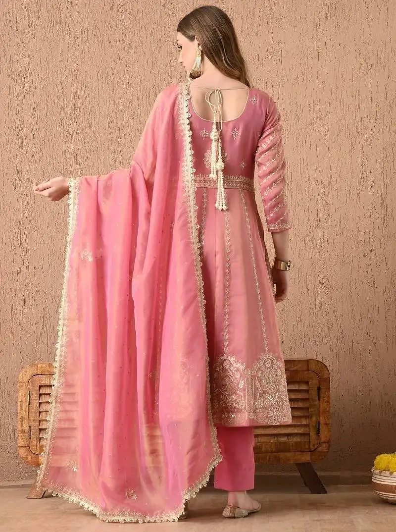 pink anarkali set with zardozi sequins and dabka work
