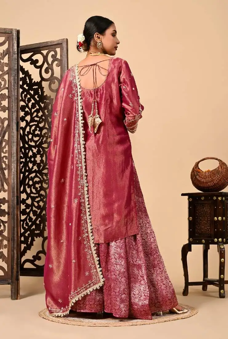 Light wine sharara set with zardozi dabka and sequins