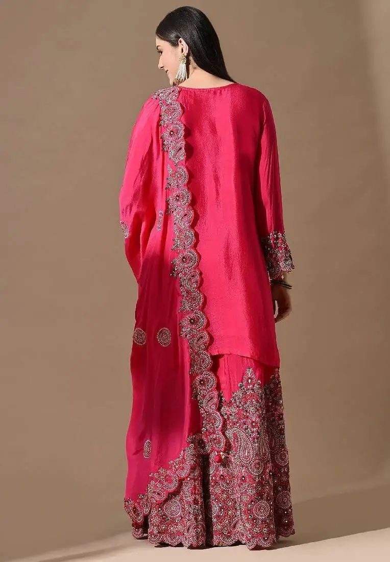 Pink sharara set with mirror & pearl work