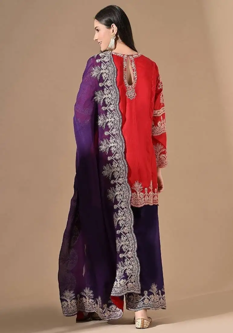 Red & purple silk kurta set with thread embroidery
