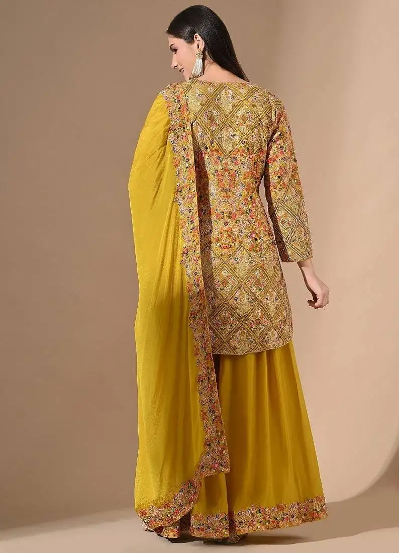 Yellow chinon sharara set with zardozi & pearl work