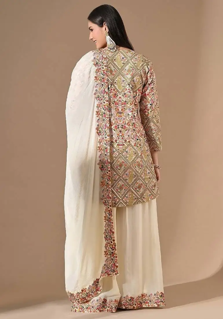 Cream chinon sharara set with pearl & zardozi work