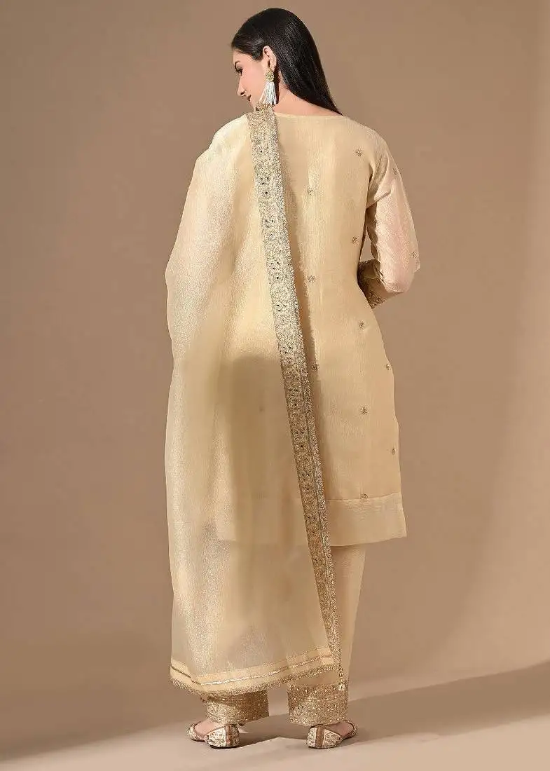 Golden crushed tissue kurta set with zardozi & sequin work