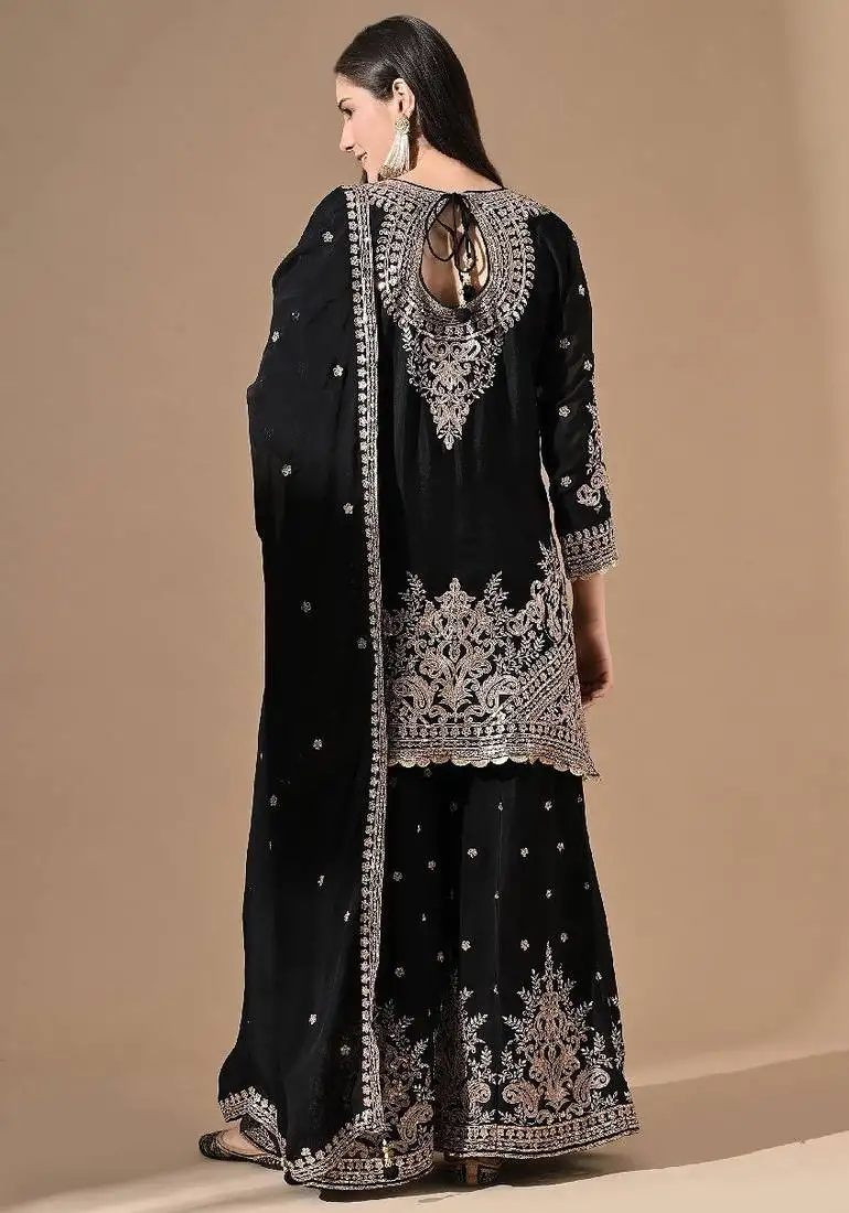 Black chinon sharara set with zardozi & mirror work