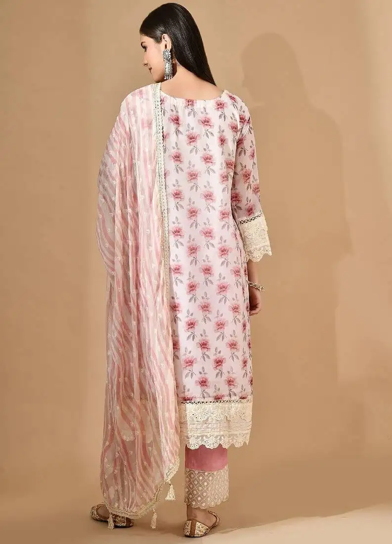 Cream organza kurta set with mirror & thread work