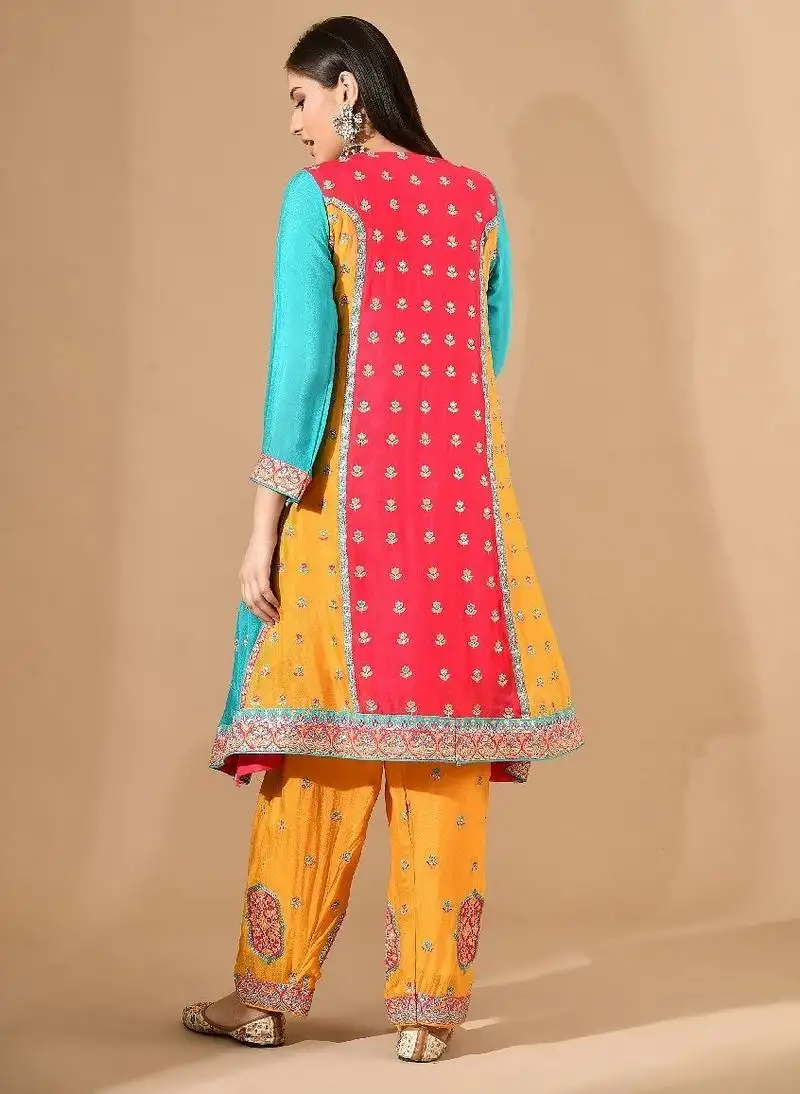 Multicolour yellow kurta set with zardozi & thread embroidery