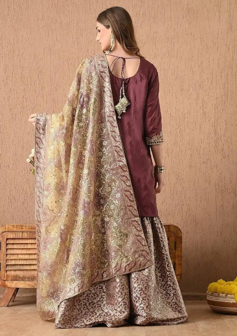 light brown sharara set with gotta zardozi and pearl work