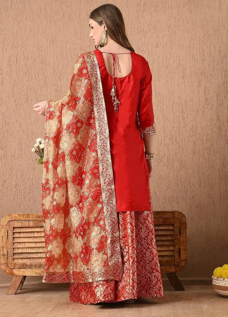 Ethereal red sharara set with gotta zardozi and sequins work