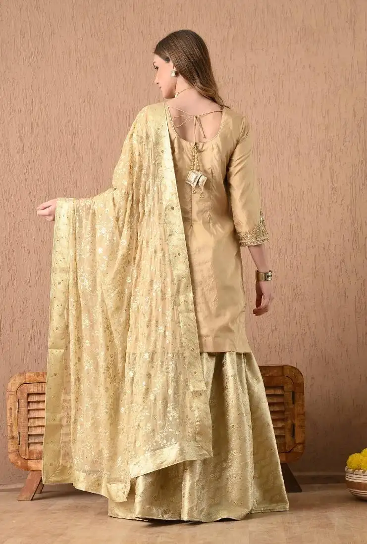 Mesmerising golden sharara set with gotta zardozi and sequins work