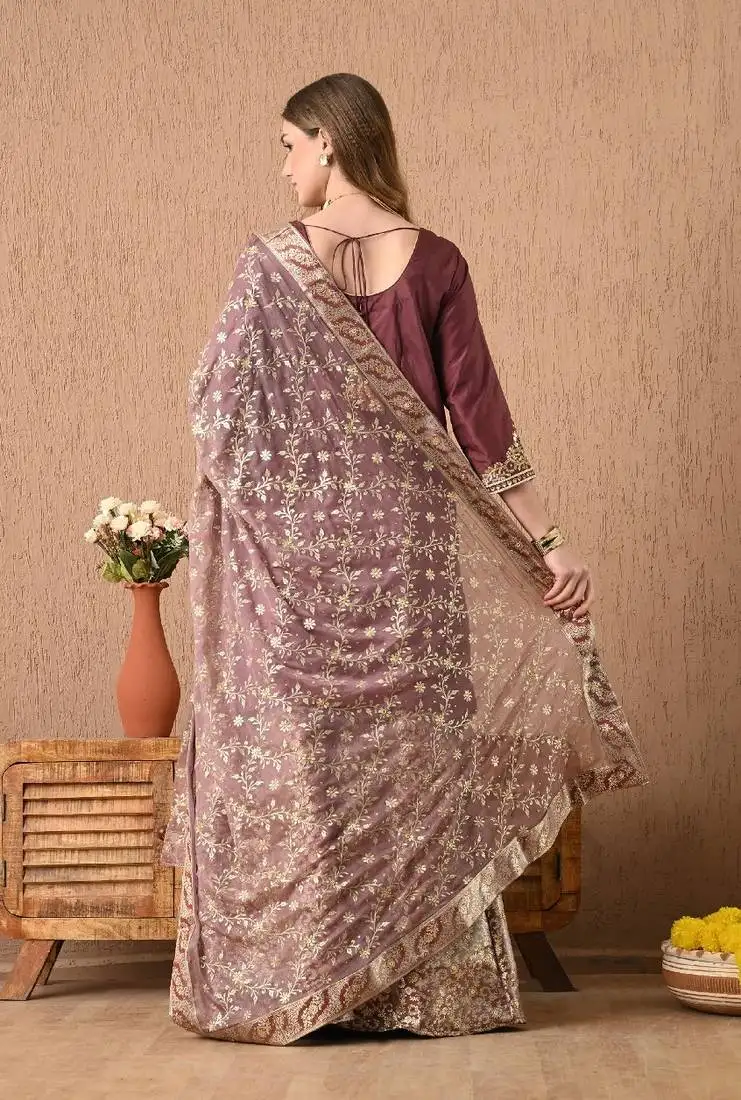 Breathtaking brownish maroon sharara set with gotta zardozi and sequins work