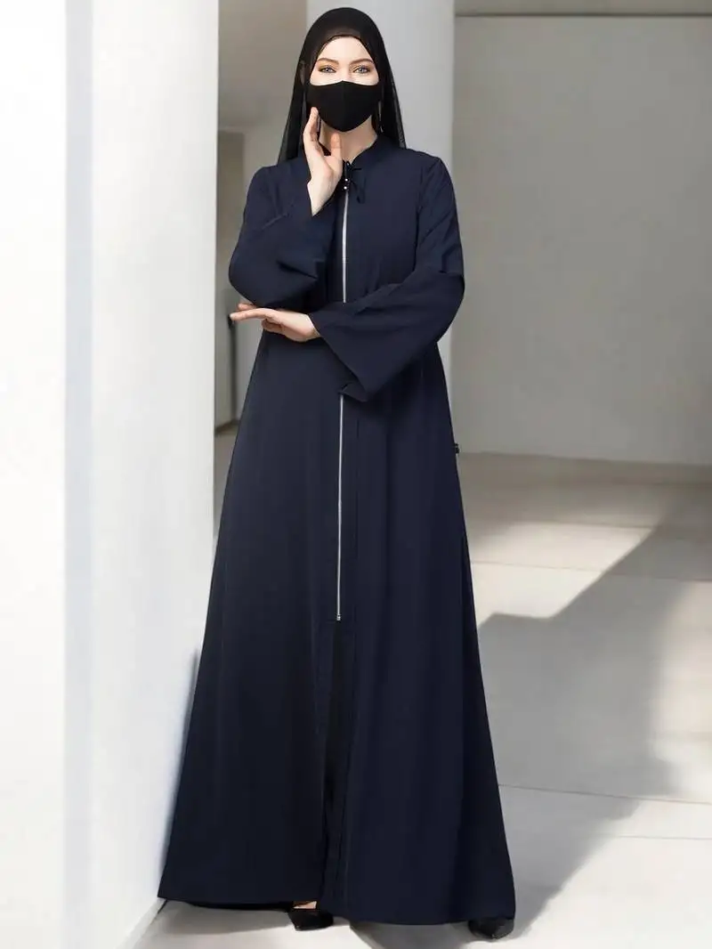 Navy-blue front open abaya with metal zipper