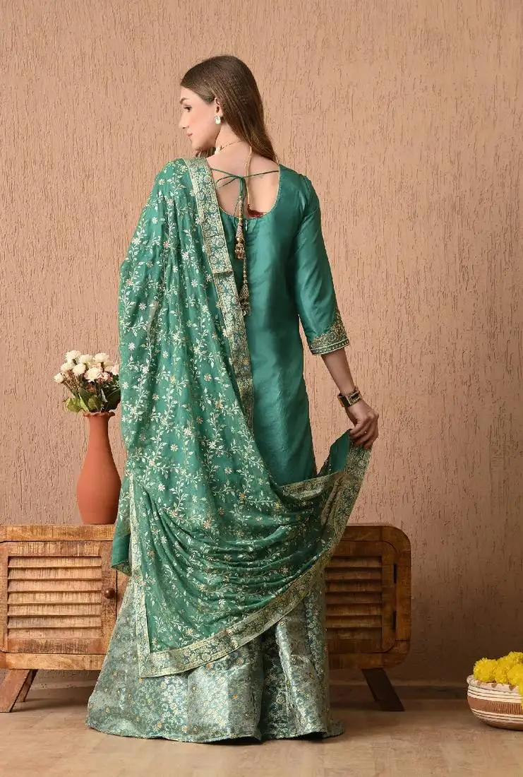 Graceful pista green sharara set with gotta zardozi and sequins work