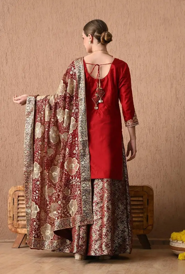 Sophesticated maroon sharara set with gotta zardozi and sequins work