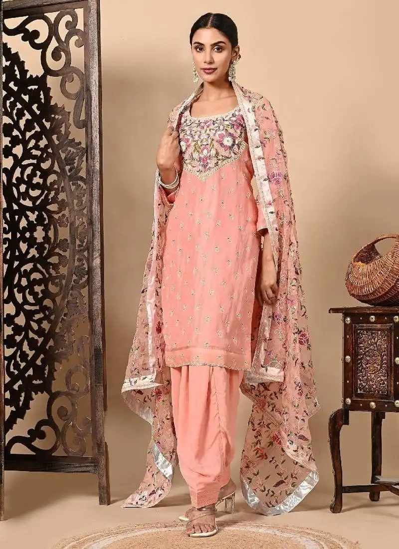 Dark peach kurta set with exceptional parsi thread and crystal work