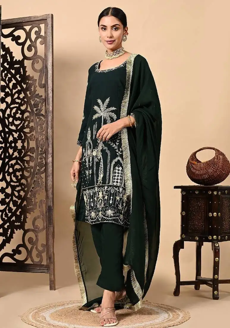 Bottle green kurta set with zardozi dabka sequins thread and pearl work