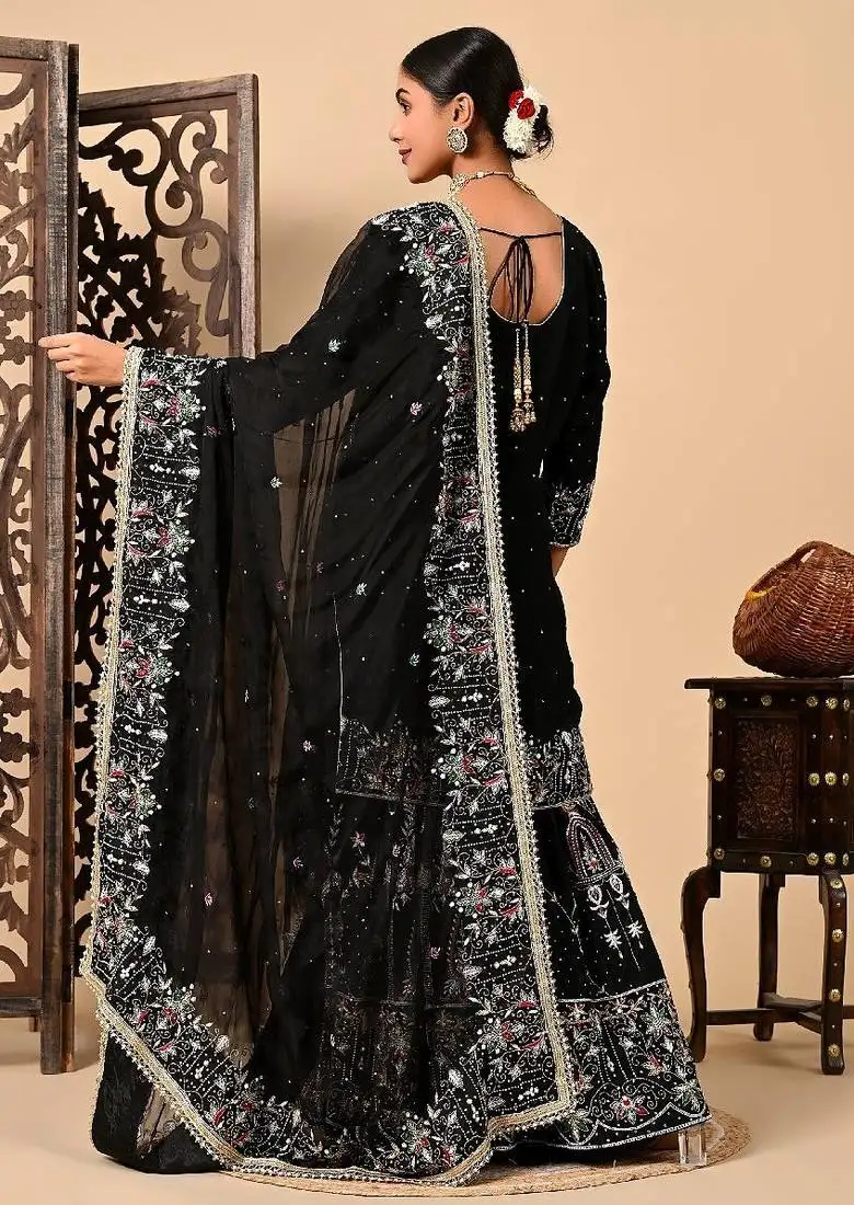 Graceful dark black sharara set with excellent work and embroidery
