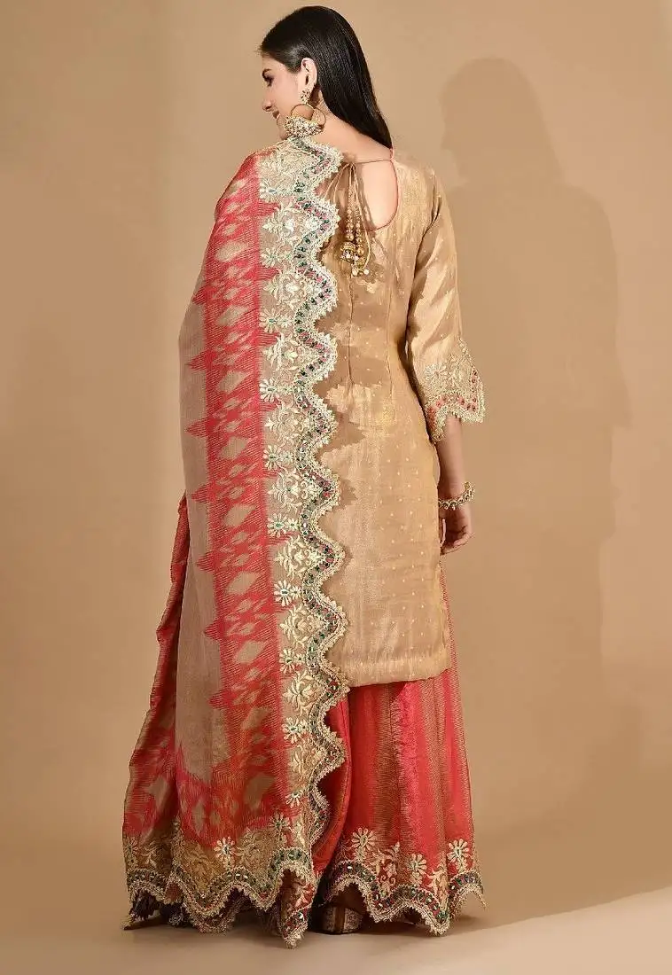 Golden & pink sharara set with zardozi & mirror work