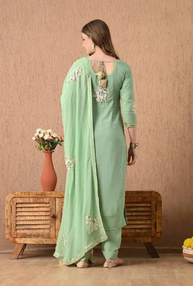 Light green kurta set with mukaish pearl zardozi and sequins work