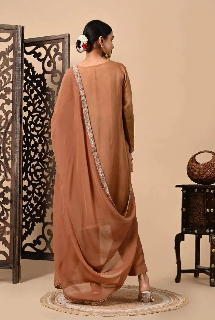 Greenish brown hue kurta set with zardozi cutdana and pearl work