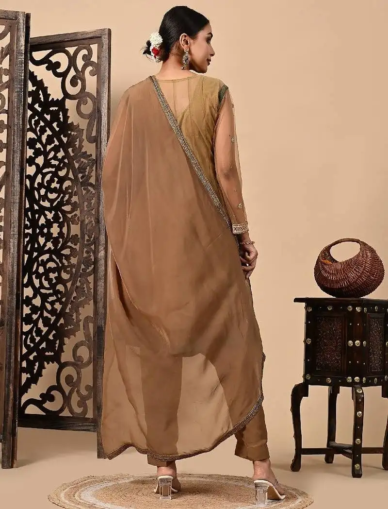 Greenish brown kurta set with zardozi dabka sequins and pearl work