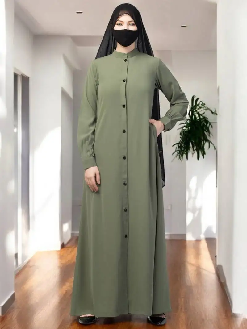 Olive front open abaya with side pockets