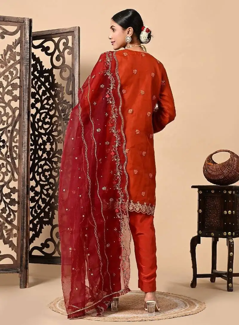 Lush orange maroon kurta set with thread pearl and zardozi work
