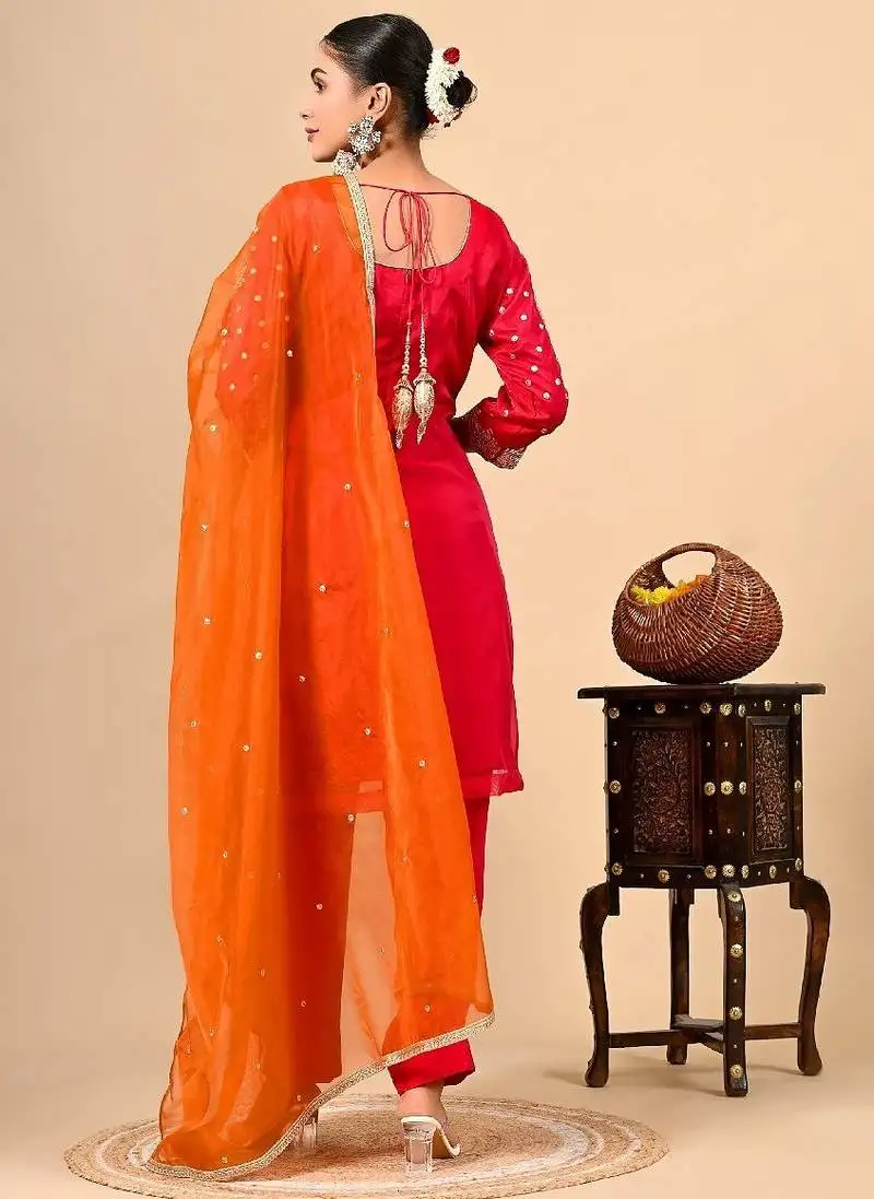 reddish orange kurta set with gotta thread zardozi and dabka work