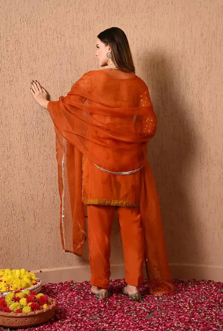 Dark orange kurta set with gotta thread dabka and zardozi